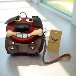 Genuine Leather Red Dog Holding Bone Coin Purse KeyChain Zip Close FoldOver Snap