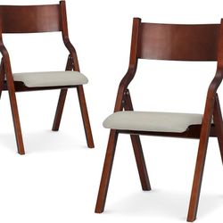 Padded Folding Chairs Set of 2, Portable and Durable Wooden Foldable Chairs for Indoor, Outdoor, Patio, Kitchen, Dining Room, Beige Seat
