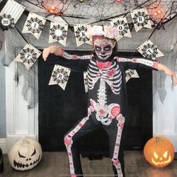 Kids Age 7-8 Ish Halloween Skeleton Jumpsuit Costume Dia De Los Muertos