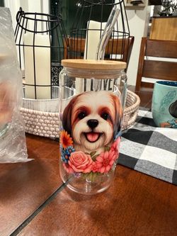 Glass cup with bamboo lid and glass straw ( Several to choose from)