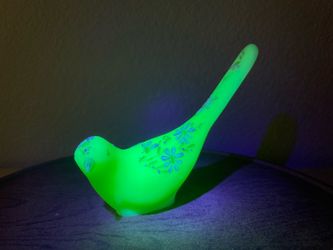 Vintage Uranium Satin Custard Fenton Art Glass Bird of Happiness Daisies Sculpture Figurine Signed