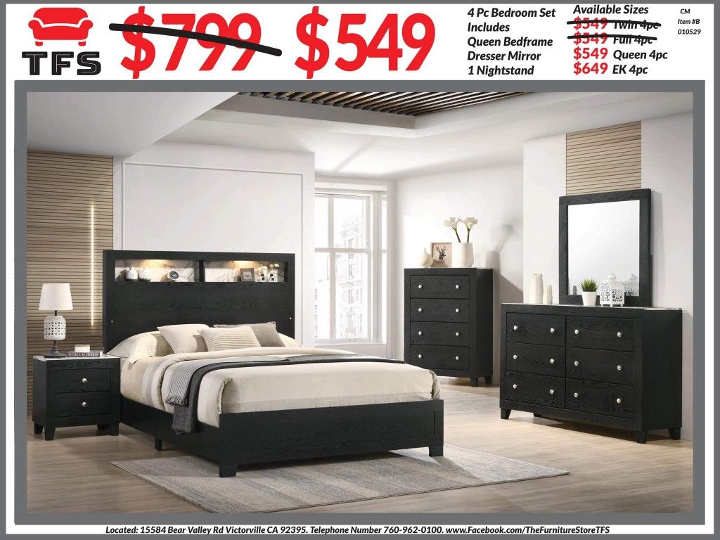 4pc Bedroom Set $549 Queen $649 Eastern King Includes bedframe Dresser mirror nightstand Black with White Faux Marble Tops Bedroom Set