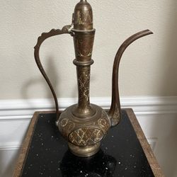 Middle East Vintage Antique Indian Brass Pitcher Coffee Tea Pot 12”T