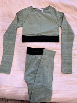 Gymshark Vision Long Sleeve Crop Top and matching leggings in sage green