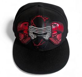 Star Wars Kylo Ren black snapback hat with a red, silver, and black embroidered design.