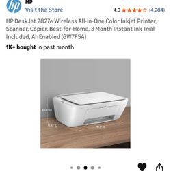 HP DeskJet 2827e Wireless All-in-One Color Inkjet Printer, Scanner, Copier AI-Enabled (6W7F5A)
