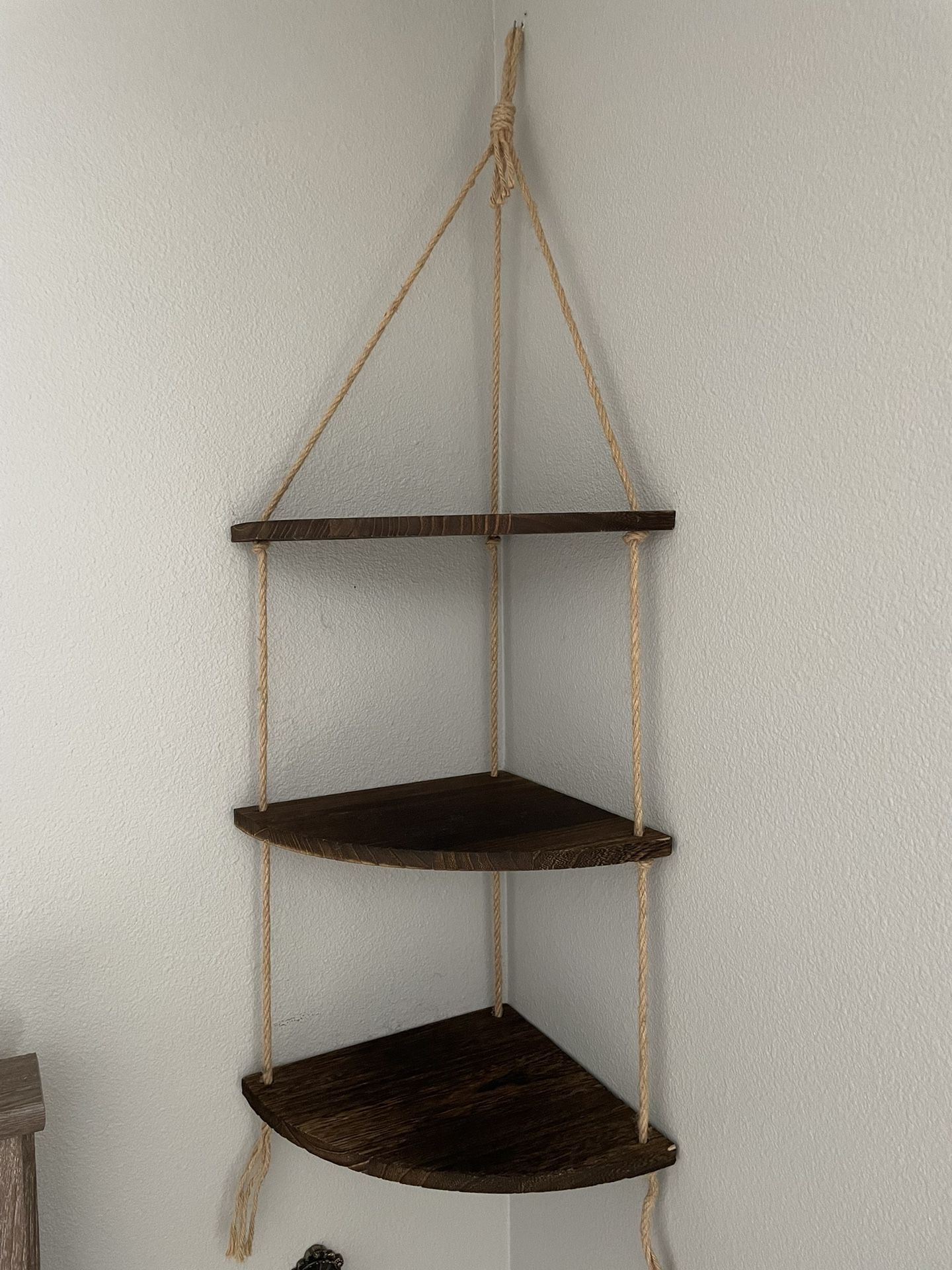 Two Hanging Natural Wood Corner Shelves
