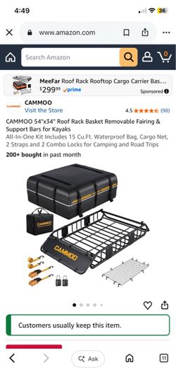 CAMMOO 54"x34" Roof Rack Basket, Removable Fairing & Support Bars for Kayaks/Long Gear, 15 Cu.Ft Waterproof Soft Bag+Lock+Net+Strap–200Lbs Capacity Ro