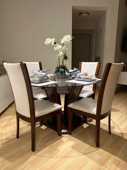 Modern Round Glass Dining Table + 4 Upholstered Chairs