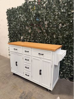 New Wooden Farmhouse Kitchen Island w/ Drop Leaf Countertop & Wheels Portable Rolling Island