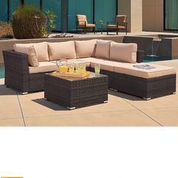  4-Piece Patio Furniture Set 83" x 81" Outdoor Sectional Sofa, 5 Seats Rattan Wicker Conversation Sets with Ottoman, Glass Coffee Table and Washable C