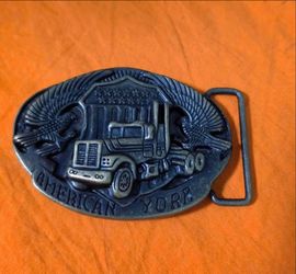 Vintage American York Semi Truck Belt Buckle Pewter Tone Eagle Big Rig Western