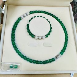 Elegant Mother’s Jewelry Set: Emerald Green Jade Necklace, Bracelet, and Earrings, Perfect Mother’s Day Gift with Simulated Pearl and Hetian Jade Brac