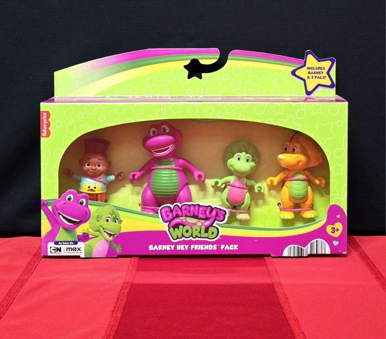 💜The image shows the Fisher-Price Barney's World Barney Hey Friends Pack. This figure set includes four characters from the Barney's World