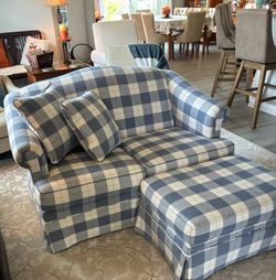 Blue & White Plaid  Armchair With Ottoman