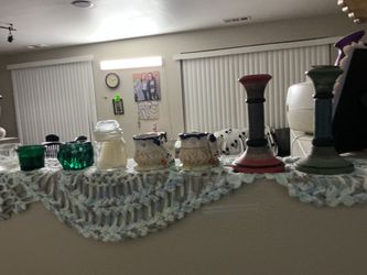 Assorted Glass and Ceramic Candle Holders and Jars new and used $5 each