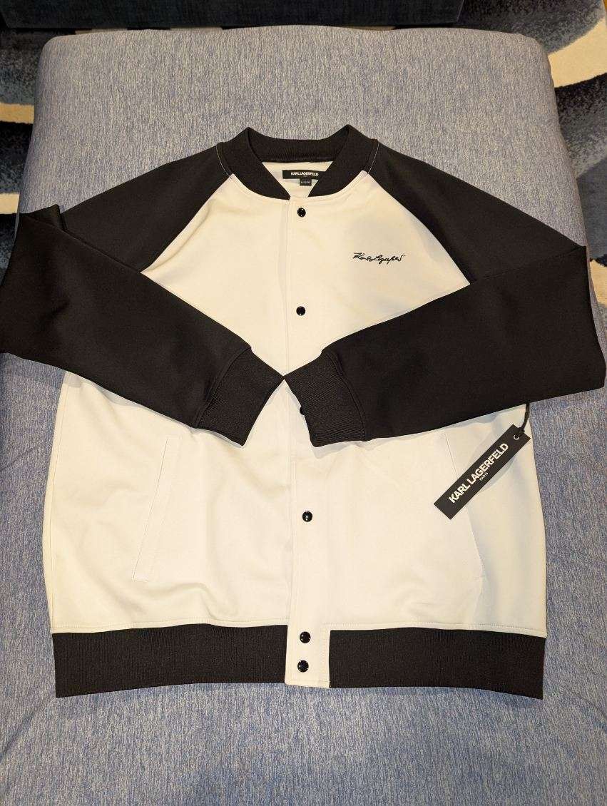 New Karl Lagerfeld Casual Snap Bomber Jacket Letterman Very Soft Black White, XL