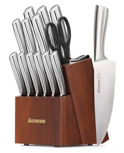 Astercook Knife Set, Kitchen Knives Set with Block and Sharpener Full Tang 15 Pcs Premium Stainless Steel Knives, Dishwasher Safe Knife Set with Anti-