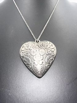 14kt White Gold Filled Vintage Silvered “Forever” Gothic Filigree Heart Pendant 2x2 Inches 