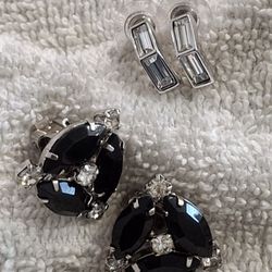 Lot Of 2 : Swarovski Crystal Stud Earrings + Vintage Black Rhinestone Clip-Ons