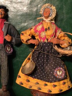 Vintage Metal European Dolls, Man And Woman With Fish Basket 10 “ Tall