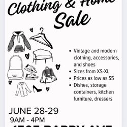 6/28-6/29 home goods, furniture and vintage clothing sale!