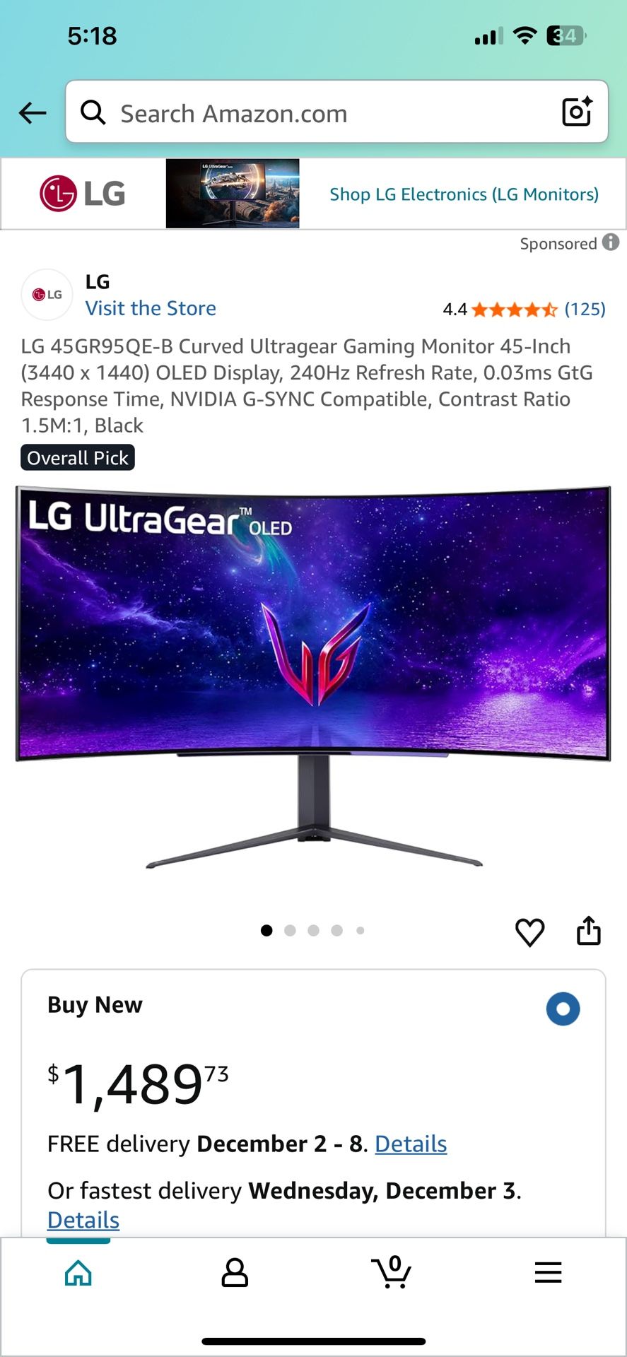 Computer Monitor - 45” LG OLED - 45GR95QE-B