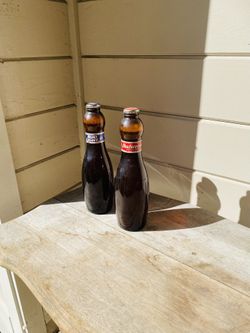Two Vintage Glass Budweiser Bottles & Bottle Caps