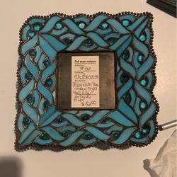VTG PartyLite Spring Water Blue Tiffany Style Stained Glass Pillar Candle Holder