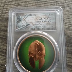 2025 Molon Labe Spartan Warrior colorized copper round, graded MS70 by PCGS
