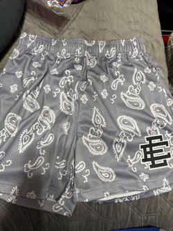 Eric Emanuel EE mesh shorts, size Medium, in a grey/white paisley print with blue/orange