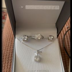 Sterling Silver Beautiful Set. Pendant, Earrings And Ring Size 7. New