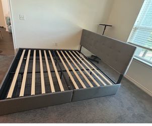 Gray Upholstered Bed Frame with Storage