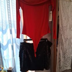 Red Scoop Neck Bodysuit W Sequin Skirt