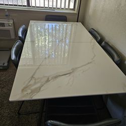 Marble Dining Table W/ Adjustable Leaf And Leather Chairs
