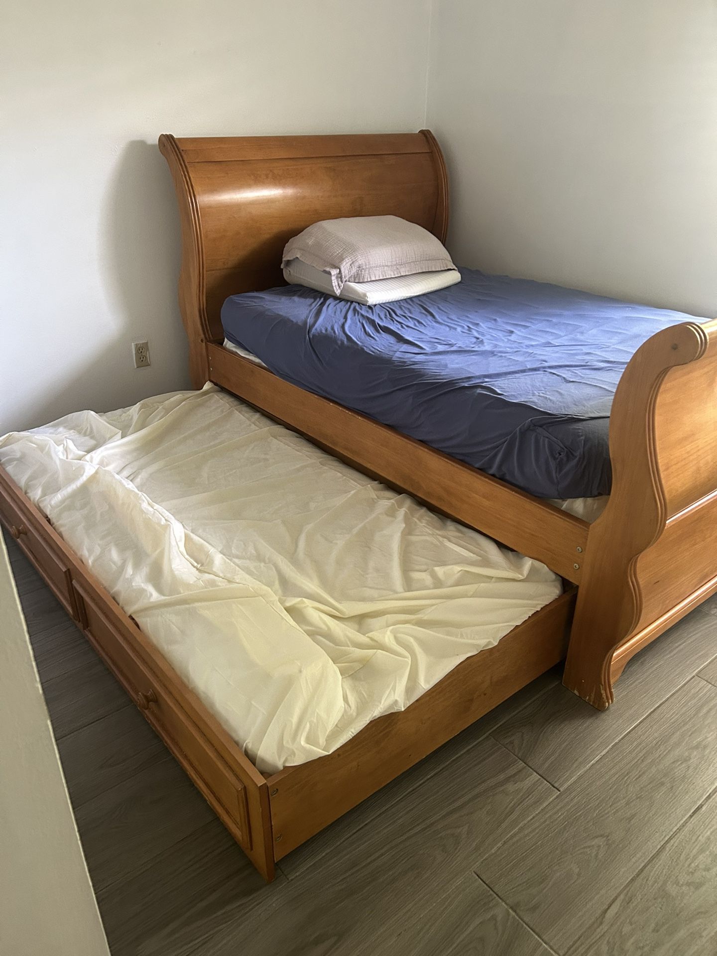 Double bed frame, and mattresses