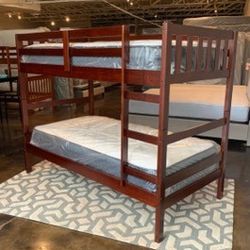 !!!..Twin Over Twin Cappuccino Bunk Bed Set With Plush Mattresses Included...(FREE DELIVERY)...!!!