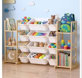 Toy Storage Organizer with Bookshelf for Kids, Large Wooden Shelf with 12 Storage Bins & 6 Shelves, Toy Box Organization for Kids Rooms, Playroom, Nur