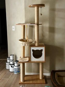 wood and cream cat tree