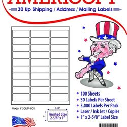 New Address Label Americopy 1x2 5/8" sz Model #30UP-100, 100 Sheets, 3000 Labels