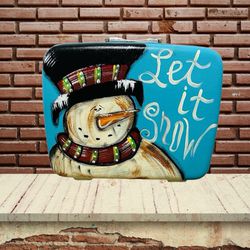 Vintage Samsonite LET IT SNOW Hand Painted Snowman Christmas Decor Suitcase 17.5” x 14”