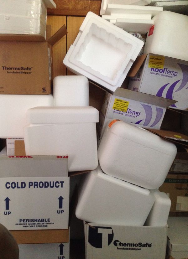 Styrofoam coolers/ mailers several sizes completely clean and used once
