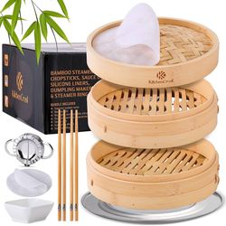 Bamboo Steamer Basket for Chinese Asian Cuisine - 2 Tier 10-Inch Steaming Basket Bun Vegetable Steamer, Dumpling Steamer bamboo steam basket, Sauce Di