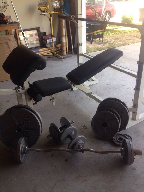 MPEX PowerHouse Weight Bench with over 225lbs of weights, preacher curl attachment, dumbells, and curl bar