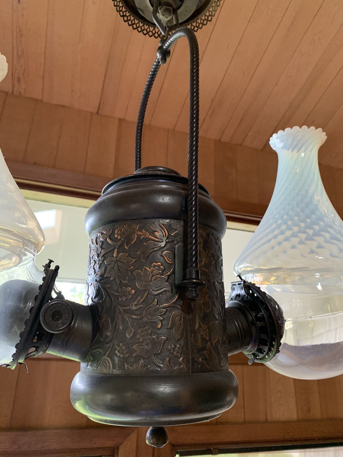 Antique Double Kerosene Angle Lamp With Matching Swirl Shades