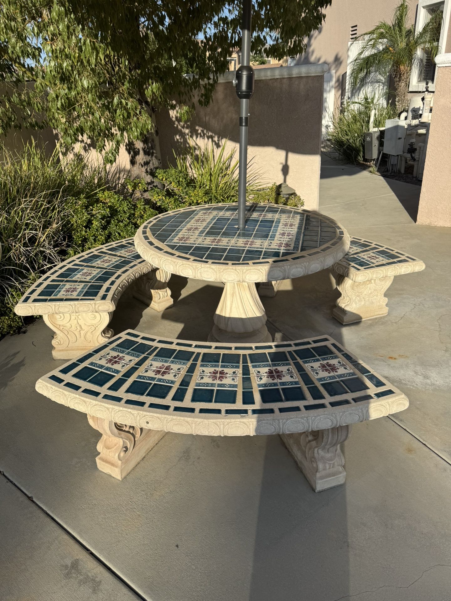 Cement And Tile Table With Benches