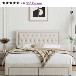 14" Medium Euro Top Memory Foam Hybrid Mattress + Binghamton Tufted Upholstered Platform Bed With Headboard, Bed Frame With 2 Storage Drawers 