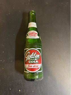 Vintage 1960's Sun Drop Golden Girl Cola Enamel Green Glass Soda Bottle