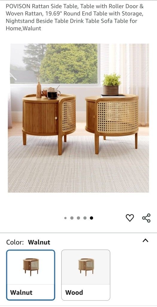 POVISON Rattan Side Table, Table with Roller Door & Woven Rattan, 19.69" Round End Table with Storage, Nightstand Beside Table Drink Table Sofa Table