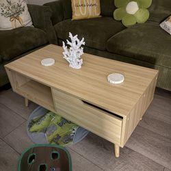 Oak Coffee Table, Mid Century Modern Coffee Table with Drawer & Shelf, 39'' 